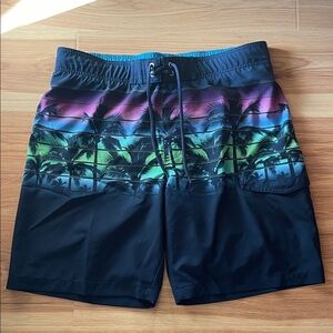 Men's Black Swim Trunks with Tropical Gradient Print